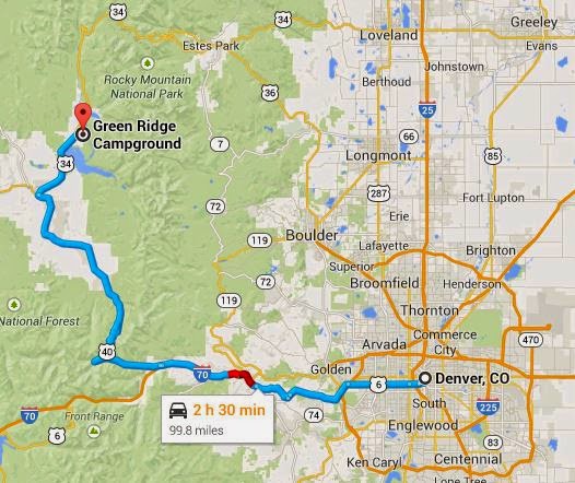 google map screenshot of the drive from Denver to Green Ridge Campground