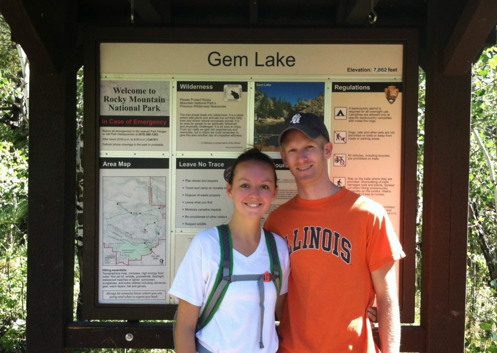 man and woman gem lake trailhead hiking
